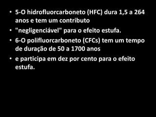 5-O hidrofluorcarboneto (HFC) dura 1,5 a 264 anos e tem um contributo"negligenciável" para o efeito estufa.6-O polifluorcarboneto (CFCs) tem um tempo de duração de 50 a 1700 anose participa em dez por cento para o efeito estufa.