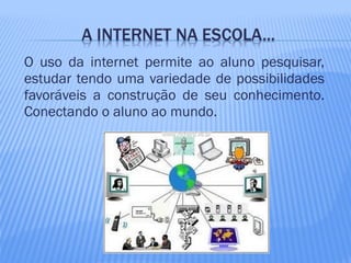 O uso da internet permite ao aluno pesquisar,
estudar tendo uma variedade de possibilidades
favoráveis a construção de seu conhecimento.
Conectando o aluno ao mundo.
 