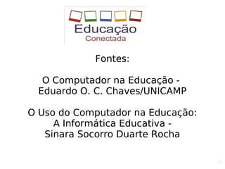 10
Fontes:
O Computador na Educação -
Eduardo O. C. Chaves/UNICAMP
O Uso do Computador na Educação:
A Informática Educativa -
Sinara Socorro Duarte Rocha
 