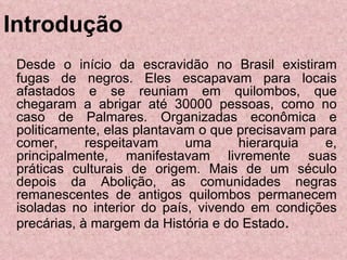 Introdução  Desde o início da escravidão no Brasil existiram fugas de negros. Eles escapavam para locais afastados e se reuniam em quilombos, que chegaram a abrigar até 30000 pessoas, como no caso de Palmares. Organizadas econômica e politicamente, elas plantavam o que precisavam para comer, respeitavam uma hierarquia e, principalmente, manifestavam livremente suas práticas culturais de origem. Mais de um século depois da Abolição, as comunidades negras remanescentes de antigos quilombos permanecem isoladas no interior do país, vivendo em condições precárias, à margem da História e do Estado .  