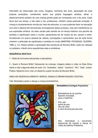 intermédio da observação das cores, imagens, harmonia dos sons, apreciação de suas
próprias produções, constituindo assim sua própria linguagem artística, afinal, o
desenvolvimento artístico de uma criança jamais pode ser comparado com o de outra. Cada
aluno tem seu tempo, e não cabe a nós, professores, interferir nessa particular evolução. A
criança é constantemente movida por meio de estímulos, e o que podemos fazer na educação
com arte é oferecer-lhe ferramentas encorajadoras desse processo, mas sem interferência na
sua expressão artística. As artes visuais pelo sentido de um tempo histórico nos permite dá
sentidos e significados sobre o mundo, apropriando-nos de modos de ser, pensar e sentir.
Constituindo um acervo pessoal de valores, concepções e sentimentos que de certa forma
orientam a atribuição de significados e sentidos ao vivido (MARTINS; PICOSQUE; GUERRA,
1998, p. 21). Nesse sentido a apreciação das esculturas de Romero Britto, pode ser utilizada
no cotidiano, infantil como experiências reais e simbólicas.
SEQUÊNCIA DIDATICA:
1 - Roda de Conversa (educandos e educadora).
2 - Quem é Romero Britto? Apresentar às crianças, imagens (telas) e vídeo no Data Show
sobre a vida e algumas telas do autor. Ex: “borboleta”, “peixe”, “cachorro”, “flor”, “bola”, outras.
Prática: Desenho livre; criar um desenho a partir da obra de Romero Britto.
AREA DE DESENVOLVIMENTO: MÚSICA, DANÇA E DRAMATIZAÇÃO (TEATRO)
Tela: Borboleta (cantar e dançar a música borboletinha)
Borboletinha(Cantigas Populares)
Borboletinha tá na cozinha
fazendo chocolate
para a madrinha
Poti, poti
perna de pau
olho de vidro
e nariz de pica-pau pau pau
Obs. Dramatizar o movimento
sequencial da canção e dança no
vídeo da Galinha Pintadinha.
 