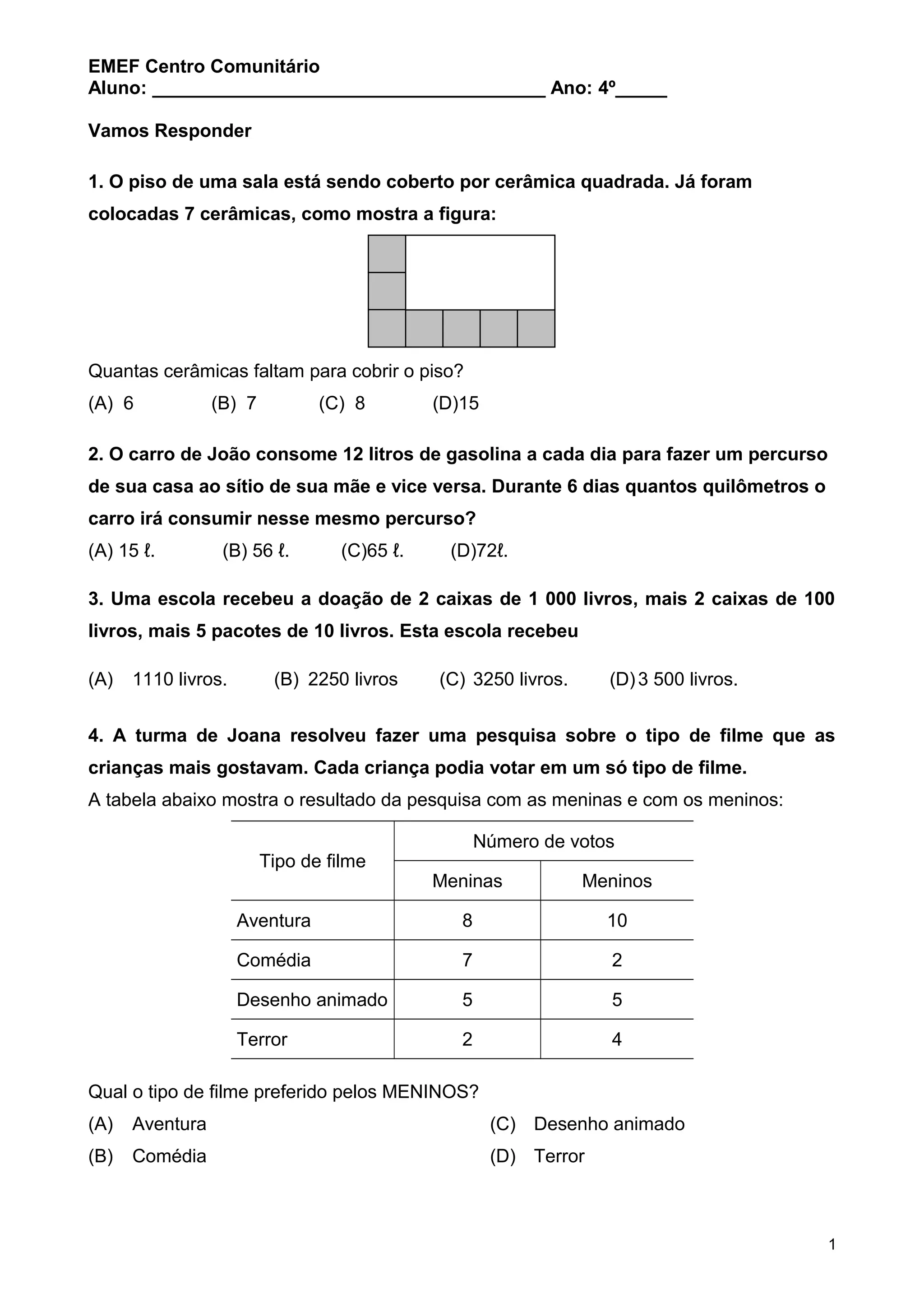 Atividade Sondagem 4º ano matemática | DOC