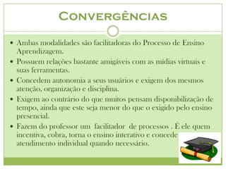 Convergências
 Ambas modalidades são facilitadoras do Processo de Ensino
    Aprendizagem.
   Possuem relações bastante amigáveis com as mídias virtuais e
    suas ferramentas.
   Concedem autonomia a seus usuários e exigem dos mesmos
    atenção, organização e disciplina.
   Exigem ao contrário do que muitos pensam disponibilização de
    tempo, ainda que este seja menor do que o exigido pelo ensino
    presencial.
   Fazem do professor um facilitador de processos . É ele quem
    incentiva, cobra, torna o ensino interativo e concede
    atendimento individual quando necessário.
 