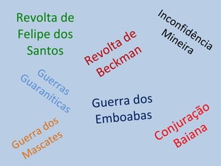 Revolta de Felipe dos Santos Revolta de Beckman Guerras Guaraníticas Guerra dos Emboabas Inconfidência Mineira Conjuração Baiana Guerra dos Mascates 