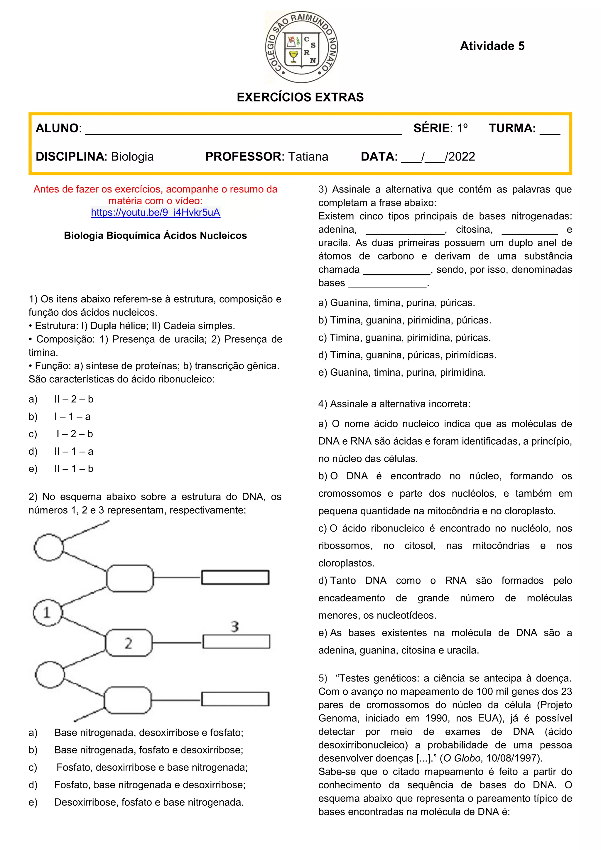 Exercícios Sobre ácidos Nucleicos - BINKEDU