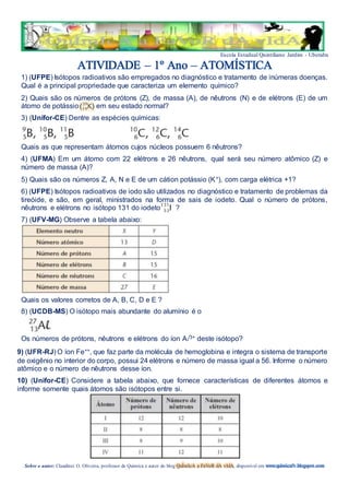 Escola Estadual Quintiliano Jardim - Uberaba
ATIVIDADE – 1º Ano – ATOMÍSTICA
1) (UFPE) Isótopos radioativos são empregados no diagnóstico e tratamento de inúmeras doenças.
Qual é a principal propriedade que caracteriza um elemento químico?
2) Quais são os números de prótons (Z), de massa (A), de nêutrons (N) e de elétrons (E) de um
átomo de potássio em seu estado normal?
3) (Unifor-CE) Dentre as espécies químicas:
Quais as que representam átomos cujos núcleos possuem 6 nêutrons?
4) (UFMA) Em um átomo com 22 elétrons e 26 nêutrons, qual será seu número atômico (Z) e
número de massa (A)?
5) Quais são os números Z, A, N e E de um cátion potássio (K+), com carga elétrica +1?
6) (UFPE) Isótopos radioativos de iodo são utilizados no diagnóstico e tratamento de problemas da
tireóide, e são, em geral, ministrados na forma de sais de iodeto. Qual o número de prótons,
nêutrons e elétrons no isótopo 131 do iodeto ?
7) (UFV-MG) Observe a tabela abaixo:
Quais os valores corretos de A, B, C, D e E ?
8) (UCDB-MS) O isótopo mais abundante do alumínio é o
Os números de prótons, nêutrons e elétrons do íon Al3+ deste isótopo?
9) (UFR-RJ) O íon Fe++, que faz parte da molécula de hemoglobina e integra o sistema de transporte
de oxigênio no interior do corpo, possui 24 elétrons e número de massa igual a 56. Informe o número
atômico e o número de nêutrons desse íon.
10) (Unifor-CE) Considere a tabela abaixo, que fornece características de diferentes átomos e
informe somente quais átomos são isótopos entre si.
Sobre o autor: Claudinei O. Oliveira, professor de Química e autor do blog QuÍmIcA a FaVoR dA vIdA, disponível em www.quimicafv.blogspot.com
 