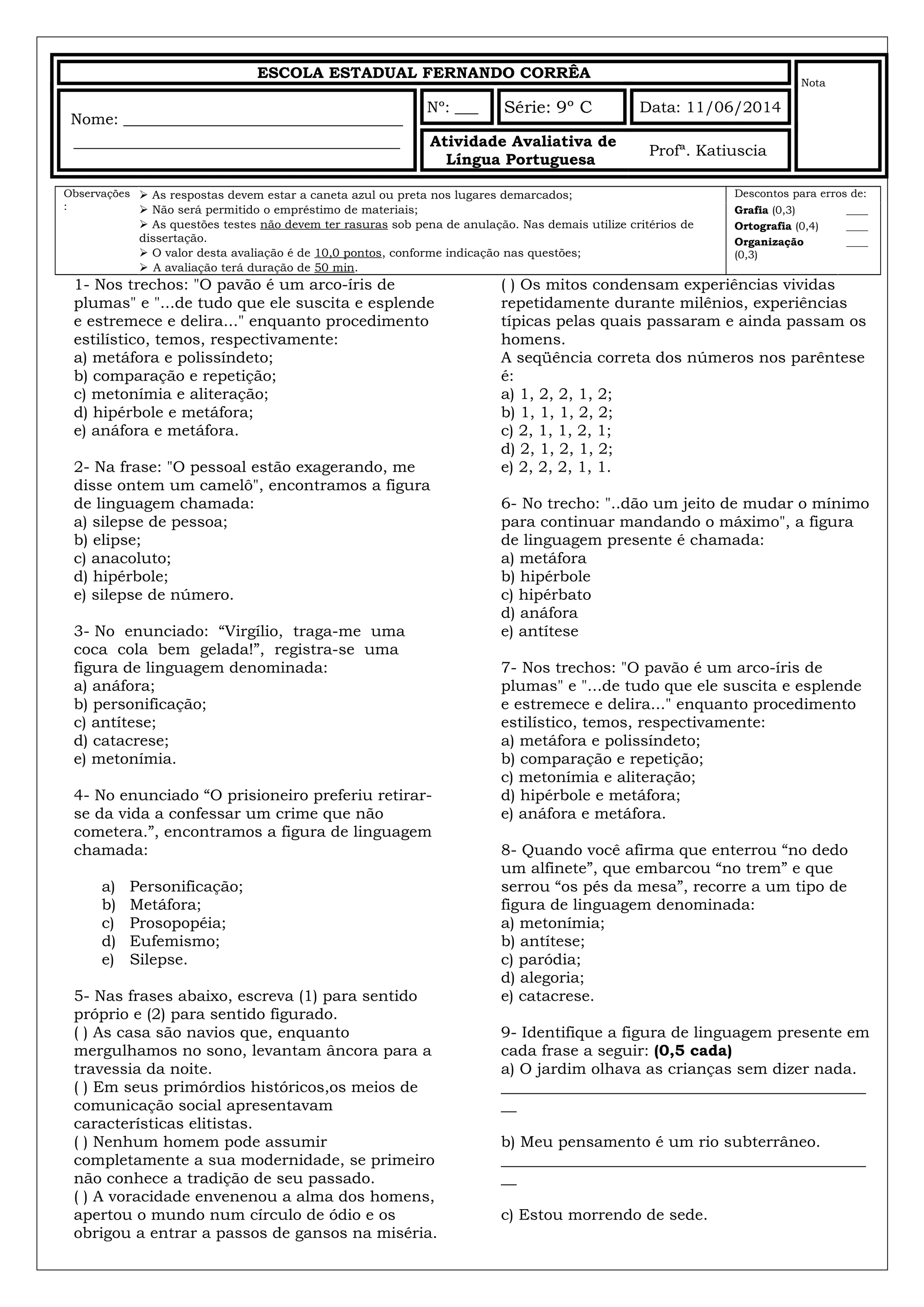 Atividade avaliativa 9º figuras de linguagem | DOC