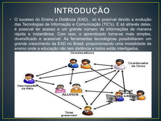 • O sucesso do Ensino a Distância (EAD) , só é possível devido a evolução
das Tecnologias de Informação e Comunicação (TIC's). E só através delas,
é possível ter acesso a um grande número de informações de maneira
rápida e instantânea. Com isso, o aprendizado torna-se mais simples,
diversificado e acessível. As ferramentas tecnológicas possibilitaram um
grande crescimento da EAD no Brasil, proporcionando uma modalidade de
ensino onde a educação não tem distância e todos estão interligados.
 