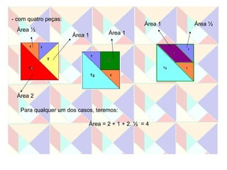 - com quatro peças: Área ½ Área 1 Área 1 Área 1 Área ½ Área 2 Para qualquer um dos casos, teremos: Área = 2 + 1 + 2. ½  = 4  