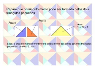 Repare que o triângulo médio pode ser formado pelos dois triângulos pequenos. Logo, a área do triângulo médio será igual à soma das áreas dos dois triângulos  pequenos, ou seja, 2. ½ = 1.  Área ½ Área ½  Área ½ + ½ = 1 