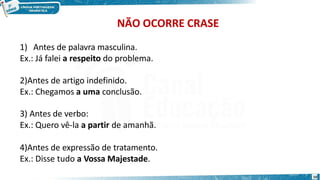 NÃO OCORRE CRASE
10
1) Antes de palavra masculina.
Ex.: Já falei a respeito do problema.
2)Antes de artigo indefinido.
Ex.: Chegamos a uma conclusão.
3) Antes de verbo:
Ex.: Quero vê-la a partir de amanhã.
4)Antes de expressão de tratamento.
Ex.: Disse tudo a Vossa Majestade.
 