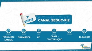 FERNANDO
SANTOS
GRAMÁTICA 02 CRASE -
CONTINUAÇÃO
12.06.2020
 