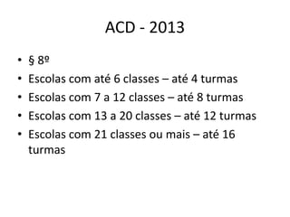 ACD - 2013
•   § 8º
•   Escolas com até 6 classes – até 4 turmas
•   Escolas com 7 a 12 classes – até 8 turmas
•   Escolas com 13 a 20 classes – até 12 turmas
•   Escolas com 21 classes ou mais – até 16
    turmas
 