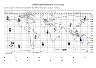ATIVIDADE DE COORDENADAS GEOGRÁFICAS

Localize os pontos distribuídos no planisfério abaixo lhes indicando sua longitude a latitude.




A                  C                  E                   G                  I                   L   N   P

B                  D                  F                   H                  J                   M   O
 