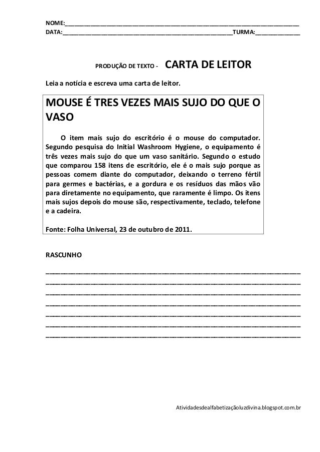 Atividade de escrita e leitura 4º e 5º anos