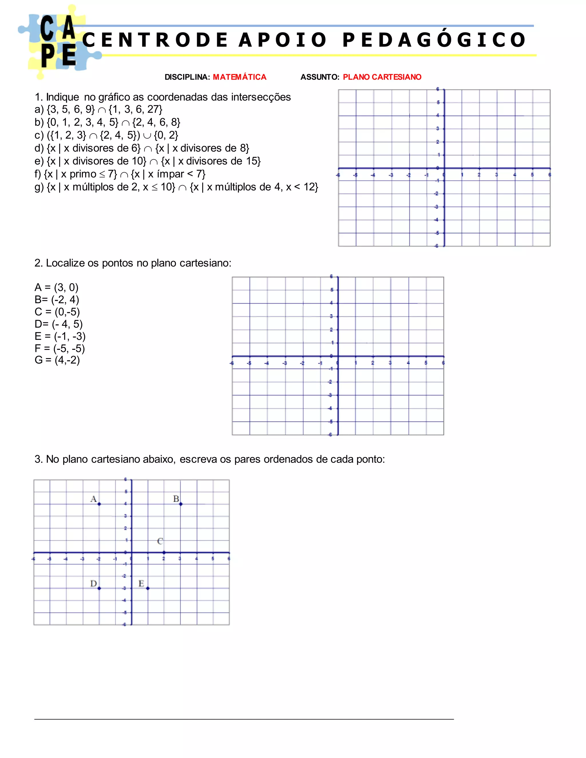 Atividade de matemática plano cartesiano | DOCX | Geography | Science