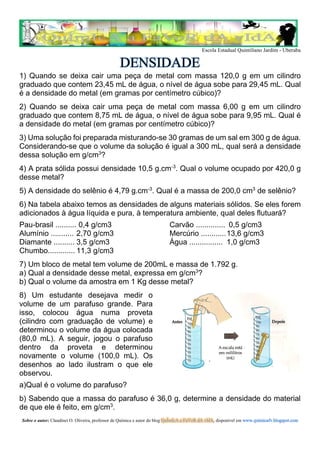 Escola Estadual Quintiliano Jardim - Uberaba

DENSIDADE
1) Quando se deixa cair uma peça de metal com massa 120,0 g em um cilindro
graduado que contem 23,45 mL de água, o nível de água sobe para 29,45 mL. Qual
é a densidade do metal (em gramas por centímetro cúbico)?
2) Quando se deixa cair uma peça de metal com massa 6,00 g em um cilindro
graduado que contem 8,75 mL de água, o nível de água sobe para 9,95 mL. Qual é
a densidade do metal (em gramas por centímetro cúbico)?
3) Uma solução foi preparada misturando-se 30 gramas de um sal em 300 g de água.
Considerando-se que o volume da solução é igual a 300 mL, qual será a densidade
dessa solução em g/cm3?
4) A prata sólida possui densidade 10,5 g.cm-3. Qual o volume ocupado por 420,0 g
desse metal?
5) A densidade do selênio é 4,79 g.cm-3. Qual é a massa de 200,0 cm3 de selênio?
6) Na tabela abaixo temos as densidades de alguns materiais sólidos. Se eles forem
adicionados à água líquida e pura, à temperatura ambiente, qual deles flutuará?
Pau-brasil .......... 0,4 g/cm3
Alumínio ........... 2,70 g/cm3
Diamante .......... 3,5 g/cm3
Chumbo............. 11,3 g/cm3

Carvão .............. 0,5 g/cm3
Mercúrio ............ 13,6 g/cm3
Água ................ 1,0 g/cm3

7) Um bloco de metal tem volume de 200mL e massa de 1.792 g.
a) Qual a densidade desse metal, expressa em g/cm3?
b) Qual o volume da amostra em 1 Kg desse metal?
8) Um estudante desejava medir o
volume de um parafuso grande. Para
isso, colocou água numa proveta
(cilindro com graduação de volume) e
determinou o volume da água colocada
(80,0 mL). A seguir, jogou o parafuso
dentro da proveta e determinou
novamente o volume (100,0 mL). Os
desenhos ao lado ilustram o que ele
observou.
a)Qual é o volume do parafuso?
b) Sabendo que a massa do parafuso é 36,0 g, determine a densidade do material
de que ele é feito, em g/cm3.
Sobre o autor: Claudinei O. Oliveira, professor de Química e autor do blog QuÍmIcA a FaVoR dA vIdA, disponível em www.quimicafv.blogspot.com

 