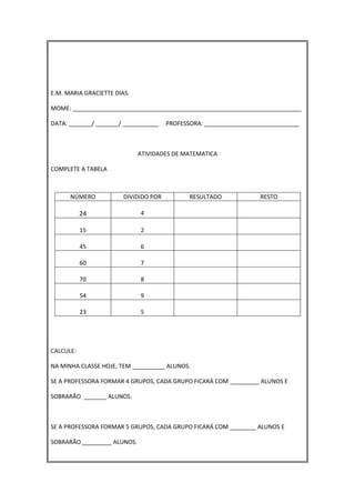 Atividade Diversas de Matemática