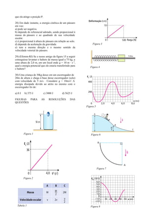 que ela atinge a posição P.
28) Em dado instante, a energia cinética de um pássaro
em voo:
a) pode ser negativa.
b) depende do referencial adotado, sendo proporcional à
massa do pássaro e ao quadrado de sua velocidade
escalar.
c) é proporcional à altura do pássaro em relação ao solo.
d) depende da aceleração da gravidade.
e) tem a mesma direção e o mesmo sentido da
velocidade vetorial do pássaro.
29) (Efomm-RJ) Se o nosso amigo da figura 15 a seguir
conseguisse levantar o haltere de massa igual a 75 kg, a
uma altura de 2,0 m, em um local onde g = 10 m · s –2,
qual a energia potencial que ele estaria transferindo para
o haltere?

Figura 3

Figura 4

30) Uma criança de 30kg desce em um escorregador de
20m de altura e chega à base desse escorregador (solo)
com velocidade de 5 m/s . Considere g = 10m/s². A
energia dissipada devido ao atrito no mesmo com o
escorregador foi de:
a) 0 J

b) 375 J

FIGURAS
PARA
QUESTÕES

c) 3000 J
AS

d) 5625 J

RESOLUÇÕES

DAS
Figura 5

Figura 1

Figura 6

Figura 7

Figura 2

Tabela 1

Figura 8

 