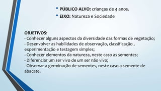 OBJETIVOS:
- Conhecer alguns aspectos da diversidade das formas de vegetação;
- Desenvolver as habilidades de observação, classificação ,
experimentação e testagem simples;
- Conhecer elementos da natureza, neste caso as sementes;
- Diferenciar um ser vivo de um ser não vivo;
- Observar a germinação de sementes, neste caso a semente de
abacate.
• PÚBLICO ALVO: crianças de 4 anos.
• EIXO: Natureza e Sociedade
 