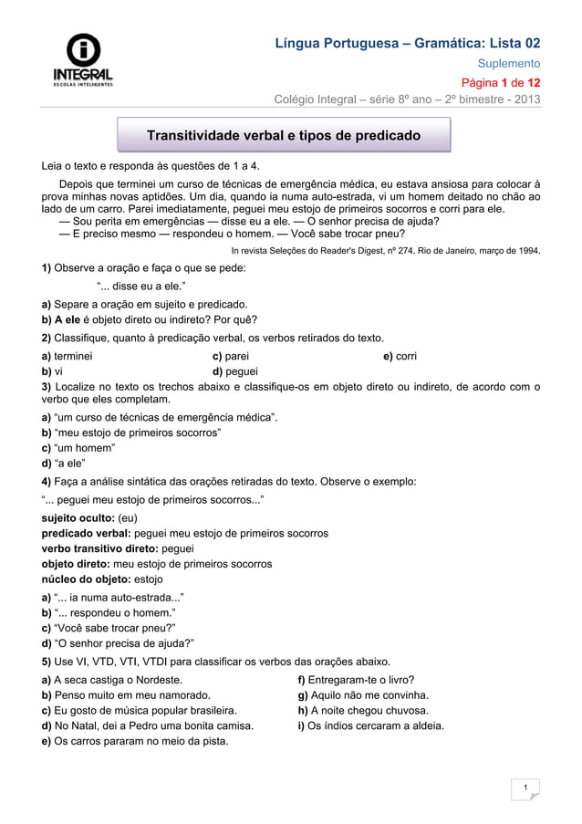 Atividade de transitividade verbal | PDF