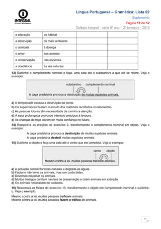 Língua Portuguesa – Gramática: Lista 02
Suplemento
Página 11 de 12
Colégio Integral – série 8º ano – 2º bimestre - 2013
11
a alteração de hábitat
a destruição do meio ambiente
o combate à doença
o amor aos animais
a conservação das espécies
a obediência às leis naturais
13) Sublinhe o complemento nominal e faça. uma seta até o substantivo a que ele se refere. Veja o
exemplo:
a) A tempestade causou a destruição da ponte.
b) Os supervisores fizeram o estudo dos materiais recolhidos no laboratório.
c) As pessoas idosas têm necessidade de carinho e atenção.
d) A seca prolongada provocou intensos prejuízos à lavoura.
e) As crianças de hoje devem ter muita confiança no futuro.
14) Reescreva as orações do exercício 2, transformando o complemento nominal em objeto. Veja o
exemplo:
A caça predatória provoca a destruição de muitas espécies animais.
A caça predatória destrói muitas espécies animais.
15) Sublinhe o objeto e faça uma seta até o verbo que ele completa. Veja o exemplo:
a) A poluição destrói florestas naturais e degrada as águas.
b) Fabiano não teme os animais, mas sim cuida deles.
c) Devemos respeitar os animais.
d) Muitos biólogos confiam nas leis de preservação e criam animais em extinção.
e) Os animais necessitam de cuidados.
16) Reescreva as frases do exercício 15, transformando o objeto em complemento nominal e sublinhe-
o. Veja o exemplo:
Mesmo contra a lei, muitas pessoas traficam animais.
Mesmo contra a lei, muitas pessoas fazem o tráfico de animais.
substantivo complemento nominal
A caça predatória provoca a destruição de muitas espécies animais.
verbo objeto
Mesmo contra a lei, muitas pessoas traficam animais.
 
