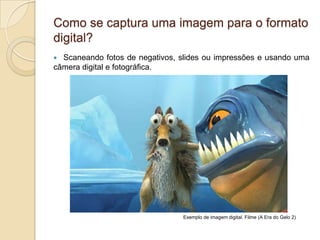 Como se captura uma imagem para o formatodigital?Scaneando fotos de negativos, slides ou impressões e usando uma câmera digital e fotográfica.Exemplo de imagem digital. Filme (A Era do Gelo 2)