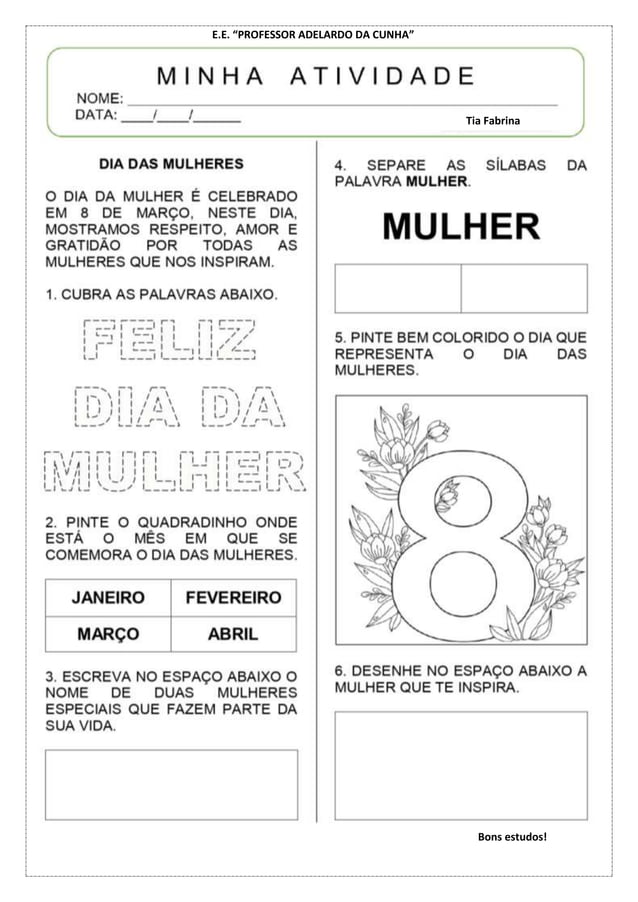 atividade dia da mulher anos iniciais 4º ano e 5º ano | DOCX ...