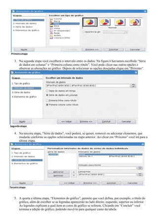 Primeira etapa

    3. Na segunda etapa você escolherá o intervalo entre os dados. Na figura 6 havíamos escolhido “Série
       de dados em colunas” e “Primeira coluna como rótulo”. Você pode clicar nas outras opções e
       observar as alterações no gráfico. Depois de selecionar as opções desejadas clique em “Próximo”.




Segunda etapa

    4. Na terceira etapa, “Série de dados”, você poderá, se quiser, remover ou adicionar elementos, que
       mudarão conforme as opções selecionadas na etapa anterior. Ao clicar em “Próximo” você irá para a
       última etapa.




Terceira etapa



    5. A quarta e última etapa, “Elementos do gráfico”, permite que você defina, por exemplo, o título do
       gráfico, além de escolher se as legendas aparecerão no lado direito, esquerdo, superior ou inferior.
       As legendas explicam a qual item as cores do gráfico se referem. Clicando em “Concluir” você
       termina a edição do gráfico, podendo movê-lo para qualquer canto da tabela.
 