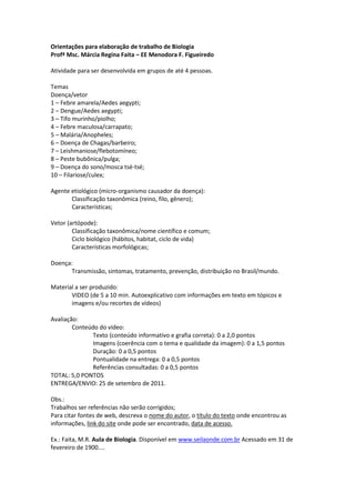 Orientações para elaboração de trabalho de Biologia
Profª Msc. Márcia Regina Faita – EE Menodora F. Figueiredo

Atividade para ser desenvolvida em grupos de até 4 pessoas.

Temas
Doença/vetor
1 – Febre amarela/Aedes aegypti;
2 – Dengue/Aedes aegypti;
3 – Tifo murinho/piolho;
4 – Febre maculosa/carrapato;
5 – Malária/Anopheles;
6 – Doença de Chagas/barbeiro;
7 – Leishmaniose/flebotomíneo;
8 – Peste bubônica/pulga;
9 – Doença do sono/mosca tsé-tsé;
10 – Filariose/culex;

Agente etiológico (micro-organismo causador da doença):
       Classificação taxonômica (reino, filo, gênero);
       Características;

Vetor (artópode):
        Classificação taxonômica/nome científico e comum;
        Ciclo biológico (hábitos, habitat, ciclo de vida)
        Características morfológicas;

Doença:
       Transmissão, sintomas, tratamento, prevenção, distribuição no Brasil/mundo.

Material a ser produzido:
       VIDEO (de 5 a 10 min. Autoexplicativo com informações em texto em tópicos e
       imagens e/ou recortes de vídeos)

Avaliação:
        Conteúdo do vídeo:
               Texto (conteúdo informativo e grafia correta): 0 a 2,0 pontos
               Imagens (coerência com o tema e qualidade da imagem): 0 a 1,5 pontos
               Duração: 0 a 0,5 pontos
               Pontualidade na entrega: 0 a 0,5 pontos
               Referências consultadas: 0 a 0,5 pontos
TOTAL: 5,0 PONTOS
ENTREGA/ENVIO: 25 de setembro de 2011.

Obs.:
Trabalhos ser referências não serão corrigidos;
Para citar fontes de web, descreva o nome do autor, o título do texto onde encontrou as
informações, link do site onde pode ser encontrado, data de acesso.

Ex.: Faita, M.R. Aula de Biologia. Disponível em www.seilaonde.com.br Acessado em 31 de
fevereiro de 1900....
 