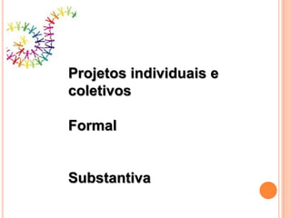 Projetos individuais e
coletivos

Formal


Substantiva
 