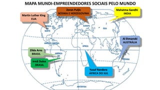 MAPA MUNDI-EMPREENDEDORES SOCIAIS PELO MUNDO
Martin Luther King
EUA
Mahatma Gandhi
INDIA
Zoran Puljic
BÓSNIA E HERZEGOVINA
Irmã Dulce
BRASIL
Yusuf Randera
ÁFRICA DO SUL
Al Etmanski
AUSTRÁLIA
Zilda Arns
BRASIL
 