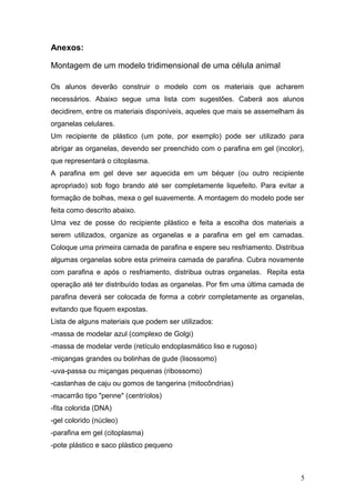 Anexos:
Montagem de um modelo tridimensional de uma célula animal
Os alunos deverão construir o modelo com os materiais que acharem
necessários. Abaixo segue uma lista com sugestões. Caberá aos alunos
decidirem, entre os materiais disponíveis, aqueles que mais se assemelham às
organelas celulares.
Um recipiente de plástico (um pote, por exemplo) pode ser utilizado para
abrigar as organelas, devendo ser preenchido com o parafina em gel (incolor),
que representará o citoplasma.
A parafina em gel deve ser aquecida em um béquer (ou outro recipiente
apropriado) sob fogo brando até ser completamente liquefeito. Para evitar a
formação de bolhas, mexa o gel suavemente. A montagem do modelo pode ser
feita como descrito abaixo.
Uma vez de posse do recipiente plástico e feita a escolha dos materiais a
serem utilizados, organize as organelas e a parafina em gel em camadas.
Coloque uma primeira camada de parafina e espere seu resfriamento. Distribua
algumas organelas sobre esta primeira camada de parafina. Cubra novamente
com parafina e após o resfriamento, distribua outras organelas. Repita esta
operação até ter distribuído todas as organelas. Por fim uma última camada de
parafina deverá ser colocada de forma a cobrir completamente as organelas,
evitando que fiquem expostas.
Lista de alguns materiais que podem ser utilizados:
-massa de modelar azul (complexo de Golgi)
-massa de modelar verde (retículo endoplasmático liso e rugoso)
-miçangas grandes ou bolinhas de gude (lisossomo)
-uva-passa ou miçangas pequenas (ribossomo)
-castanhas de caju ou gomos de tangerina (mitocôndrias)
-macarrão tipo "penne" (centríolos)
-fita colorida (DNA)
-gel colorido (núcleo)
-parafina em gel (citoplasma)
-pote plástico e saco plástico pequeno
5
 