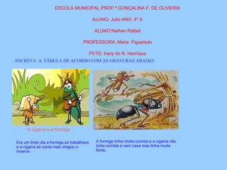 ESCOLA MUNICIPAL PROF.ª GONÇALINA F. DE OLIVEIRA ALUNO: Julio ANO: 4º A ALUNO:Nathan Rafael PROFESSORA: Maria Figueredo PCTE: Irany do N. Henrique ESCREVA A FÁBULA DE ACORDO COM AS GRAVURAS ABAIXO: A cigarra e a formiga Era um lindo dia a formiga só trabalhava e a cigarra só canta mas chegou o inverno . A formiga tinha muita comida e a cigarra não tinha comida e nem casa mas tinha muita fome.