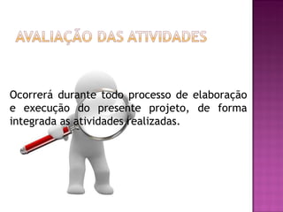 Ocorrerá durante todo processo de elaboração
e execução do presente projeto, de forma
integrada as atividades realizadas.
 