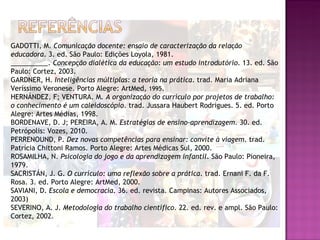 GADOTTI, M. Comunicação docente: ensaio de caracterização da relação
educadora. 3. ed. São Paulo: Edições Loyola, 1981.
__________. Concepção dialética da educação: um estudo introdutório. 13. ed. São
Paulo: Cortez, 2003.
GARDNER, H. Inteligências múltiplas: a teoria na prática. trad. Maria Adriana
Veríssimo Veronese. Porto Alegre: ArtMed, 1995.
HERNÁNDEZ, F; VENTURA. M. A organização do currículo por projetos de trabalho:
o conhecimento é um caleidoscópio. trad. Jussara Haubert Rodrigues. 5. ed. Porto
Alegre: Artes Médias, 1998.
BORDENAVE, D. J; PEREIRA, A. M. Estratégias de ensino-aprendizagem. 30. ed.
Petrópolis: Vozes, 2010.
PERRENOUND, P. Dez novas competências para ensinar: convite à viagem. trad.
Patrícia Chittoni Ramos. Porto Alegre: Artes Médicas Sul, 2000.
ROSAMILHA, N. Psicologia do jogo e da aprendizagem infantil. São Paulo: Pioneira,
1979.
SACRISTÁN, J. G. O currículo: uma reflexão sobre a prática. trad. Ernani F. da F.
Rosa. 3. ed. Porto Alegre: ArtMed, 2000.
SAVIANI, D. Escola e democracia. 36. ed. revista. Campinas: Autores Associados,
2003)
SEVERINO, A. J. Metodologia do trabalho científico. 22. ed. rev. e ampl. São Paulo:
Cortez, 2002.
 
