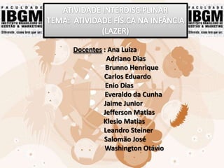 Docentes : Ana Luiza
Adriano Dias
Brunno Henrique
Carlos Eduardo
Enio Dias
Everaldo da Cunha
Jaime Junior
Jefferson Matias
Klesio Matias
Leandro Steiner
Salomão José
Washington Otávio
 