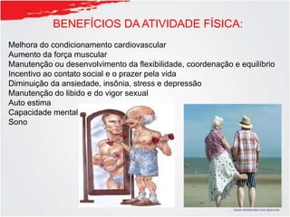 BENEFÍCIOS DA ATIVIDADE FÍSICA:
Melhora do condicionamento cardiovascular
Aumento da força muscular
Manutenção ou desenvolvimento da flexibilidade, coordenação e equilíbrio
Incentivo ao contato social e o prazer pela vida
Diminuição da ansiedade, insônia, stress e depressão
Manutenção do libido e do vigor sexual
Auto estima
Capacidade mental
Sono
 
