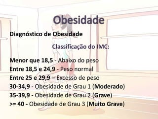 Diagnóstico de Obesidade
Classificação do IMC:
Menor que 18,5 - Abaixo do peso
Entre 18,5 e 24,9 - Peso normal
Entre 25 e 29,9 – Excesso de peso
30-34,9 - Obesidade de Grau 1 (Moderado)
35-39,9 - Obesidade de Grau 2 (Grave)
>= 40 - Obesidade de Grau 3 (Muito Grave)
 