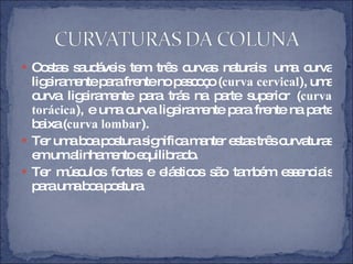 Costas saudáveis tem três curvas naturais: uma curva ligeiramente para frente no pescoço ( curva cervical ), uma curva ligeiramente para trás na parte superior ( curva torácica ), e uma curva ligeiramente para frente na parte baixa ( curva lombar ). Ter uma boa postura significa manter estas três curvaturas em um alinhamento equilibrado. Ter músculos fortes e elásticos são também essenciais para uma boa postura. 