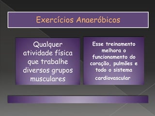 Exercícios Anaeróbicos
Qualquer
atividade física
que trabalhe
diversos grupos
musculares
Esse treinamento
melhora o
funcionamento do
coração, pulmões e
todo o sistema
cardiovascular
 