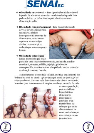 14
 Obesidade nutricional – Esse tipo de obesidade se deve à
ingestão de alimentos sem valor nutricional adequado. Isso
pode se iniciar na infância se os pais não tiveram uma
alimentação sadia;
 Obesidade comportamental – Este tipo de obesidade
deve-se a: Um estilo de vida
sedentário, hábitos
inadequados na maneira de
alimenta-se, como comer
depressa, sem mastigar
direito, comer em pé ou
andando por causa do pouco
tempo;
 Obesidade psicológica -
Nesta, as pessoas que estão
passando uma situação de depressão, ansiedade, conflito
emocional, estresse, solidão, rejeição, paixão não
correspondida e muitas outras, elas poderão mudar o enredo
da situação e comer demais.
Também temos a obesidade infantil, que teve um aumento nos
últimos 20 anos no Brasil: 15% de crianças acima do peso e 5% de
crianças obesas. Uma em cada dez crianças são obesas no mundo,
as razões para isso acontecer é simples: mudança no estilo de vida
da nossa população;
pouca atividade
física; hábitos
alimentares
inadequados;
genéticos e/ou
metabólicos. As
crianças que estão
obesas sofrem 10
vezes mais risco que
uma criança com o
peso normal.
 