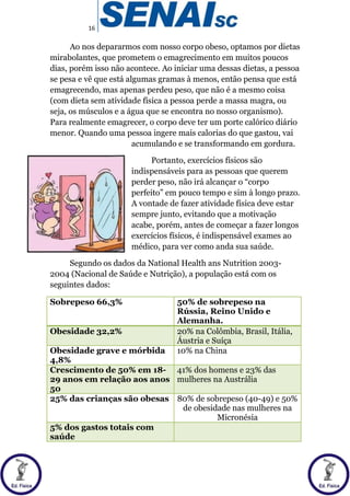 16
Ao nos depararmos com nosso corpo obeso, optamos por dietas
mirabolantes, que prometem o emagrecimento em muitos poucos
dias, porém isso não acontece. Ao iniciar uma dessas dietas, a pessoa
se pesa e vê que está algumas gramas à menos, então pensa que está
emagrecendo, mas apenas perdeu peso, que não é a mesmo coisa
(com dieta sem atividade física a pessoa perde a massa magra, ou
seja, os músculos e a água que se encontra no nosso organismo).
Para realmente emagrecer, o corpo deve ter um porte calórico diário
menor. Quando uma pessoa ingere mais calorias do que gastou, vai
acumulando e se transformando em gordura.
Portanto, exercícios físicos são
indispensáveis para as pessoas que querem
perder peso, não irá alcançar o “corpo
perfeito” em pouco tempo e sim à longo prazo.
A vontade de fazer atividade física deve estar
sempre junto, evitando que a motivação
acabe, porém, antes de começar a fazer longos
exercícios físicos, é indispensável exames ao
médico, para ver como anda sua saúde.
Segundo os dados da National Health ans Nutrition 2003-
2004 (Nacional de Saúde e Nutrição), a população está com os
seguintes dados:
Sobrepeso 66,3% 50% de sobrepeso na
Rússia, Reino Unido e
Alemanha.
Obesidade 32,2% 20% na Colômbia, Brasil, Itália,
Áustria e Suíça
Obesidade grave e mórbida
4,8%
10% na China
Crescimento de 50% em 18-
29 anos em relação aos anos
50
41% dos homens e 23% das
mulheres na Austrália
25% das crianças são obesas 80% de sobrepeso (40-49) e 50%
de obesidade nas mulheres na
Micronésia
5% dos gastos totais com
saúde
 