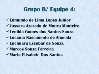 Grupo B/ Equipe 4:
Edmundo de Lima Lopes Junior
Jussara Azeredo de Moura Monteiro
Lenilda Gomes dos Santos Souza
Luciana Nascimento de Almeida
Lucimara Escobar de Souza
Marcos Souza Ferreira
Maria Elisabete Dos Santos
 