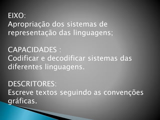 EIXO:
Apropriação dos sistemas de
representação das linguagens;
CAPACIDADES :
Codificar e decodificar sistemas das
diferentes linguagens.
DESCRITORES:
Escreve textos seguindo as convenções
gráficas.
 