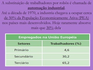 A substituição de trabalhadores por robôs é chamada de automação industrial.Até a década de 1970, a industria chegava a ocupar cerca de 50% da População Economicamente Ativa (PEA) nos países mais desenvolvidos. Hoje raramente absorve mais que 30% dela.
