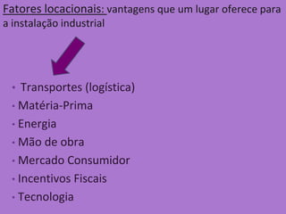 A Localização Industrial Com passar do tempo isso mudou. As opções de  localização industrial foram ampliadas devido aos seguintes  fatores:Inicialmente as fábricas se concentravam próximas as matérias-primas .Introdução de novas fontes energéticas (E. elétrica)