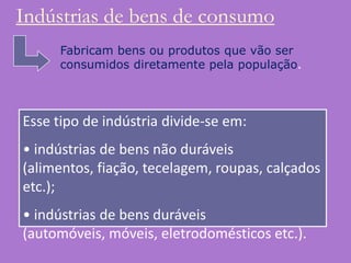 Indústrias de bens de consumo
      Fabricam bens ou produtos que vão ser
      consumidos diretamente pela população.



Esse tipo de indústria divide-se em:
• indústrias de bens não duráveis
(alimentos, fiação, tecelagem, roupas, calçados
etc.);
• indústrias de bens duráveis
(automóveis, móveis, eletrodomésticos etc.).
 