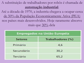 A substituição de trabalhadores por robôs é chamada de
                automação industrial.
Até a década de 1970, a industria chegava a ocupar cerca
 de 50% da População Economicamente Ativa (PEA)
nos países mais desenvolvidos. Hoje raramente absorve
                   mais que 30% dela.
 