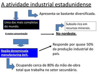 A atividade industrial estadunidense
Ocupando cerca de 80% da mão-de-obra
total que trabalha no setor secundário.
Apresenta-se bastante diversificada.
Uma das mais completas
do mundo.
A maior concentração No nordeste.
Subsolo rico em
recursos minerais.
Região denominada
manufacturing belt.
Responde por quase 50%
da produção industrial do
país.
 